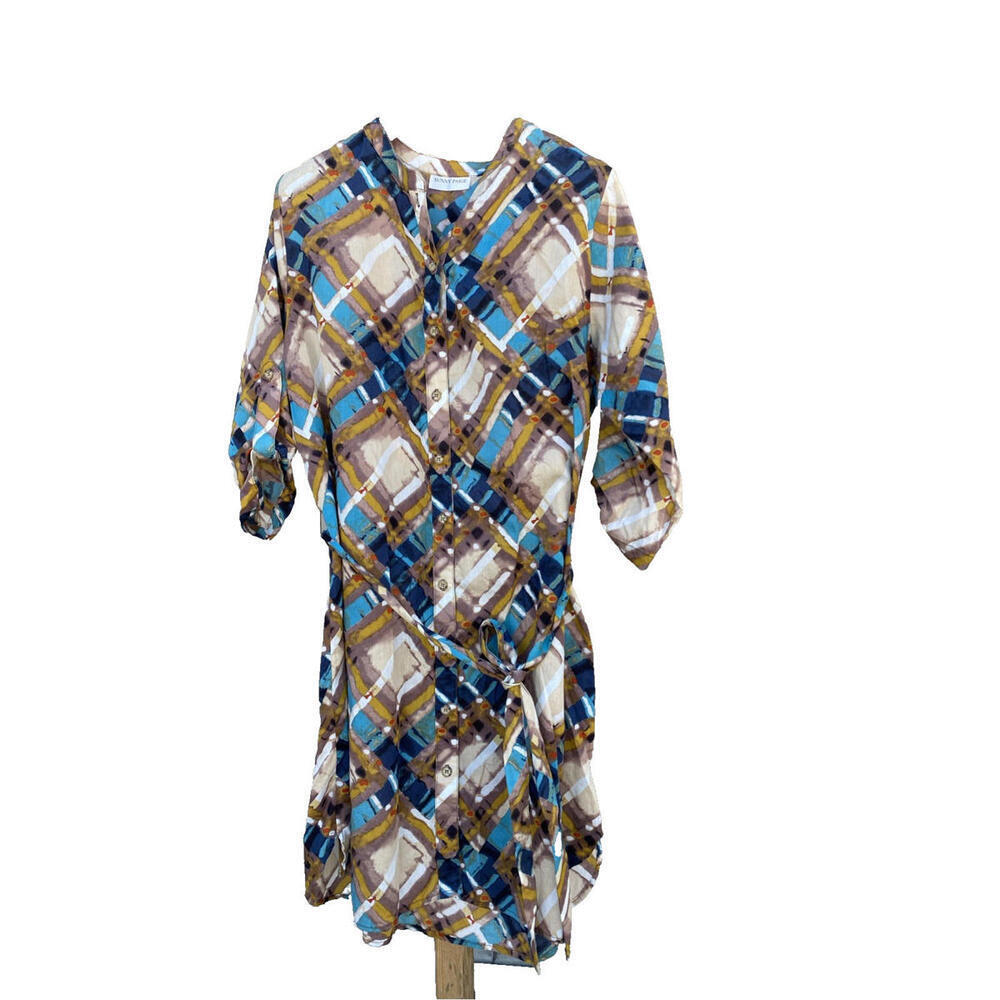 Sunny Paige Tunic Button Up Shirt Dress  Multi Color 3/4 Sleeve M/L Belted
